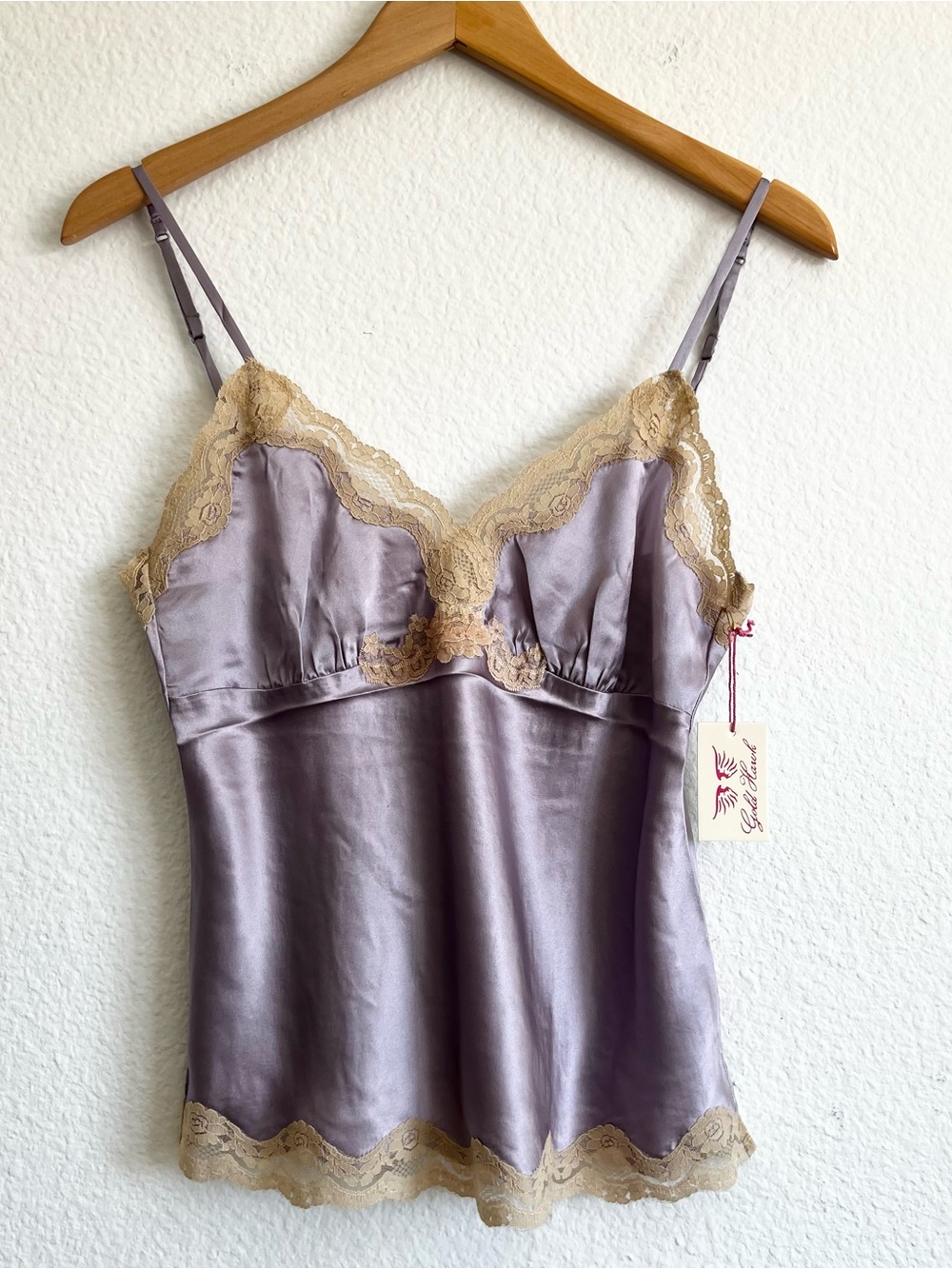 Gold Hawk 💯 Silk Lavender Camisole with Champagne Lace